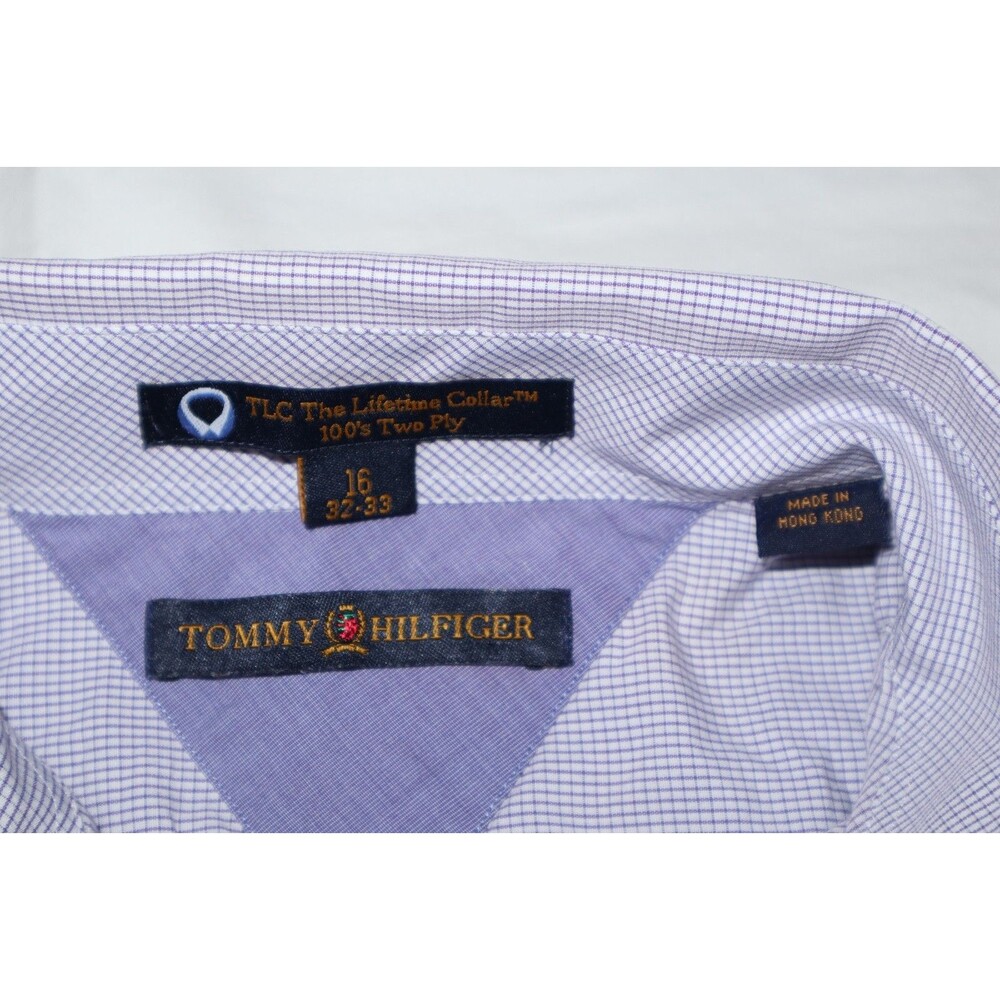 Vtg Tommy Hilfiger Button Shirt TLC 100's Two Ply Blue White Check Mens 16 32-33